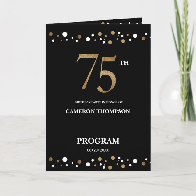 Programa de cumpleaños 75 de confetti dorado y neg (Anverso)