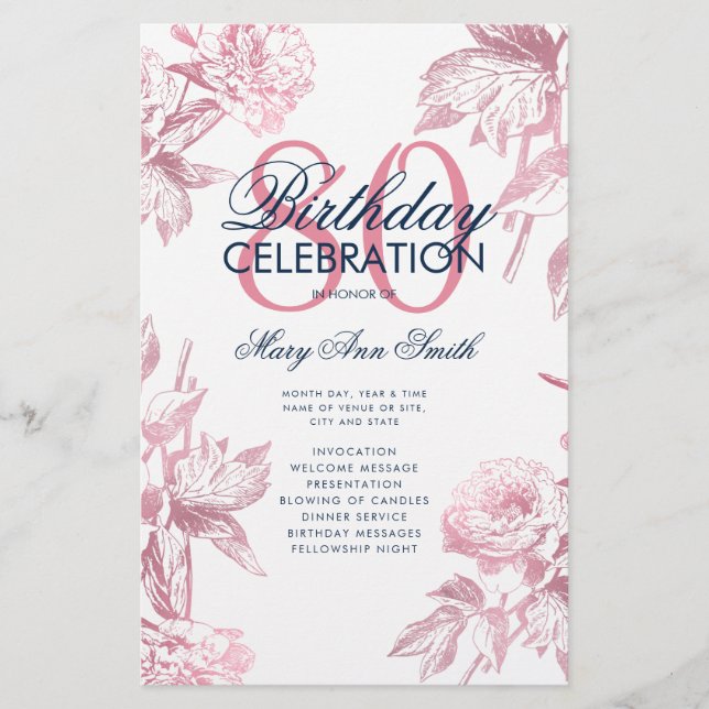 Programa de cumpleaños 80 Floral Menú de oro Rosa (Frente)