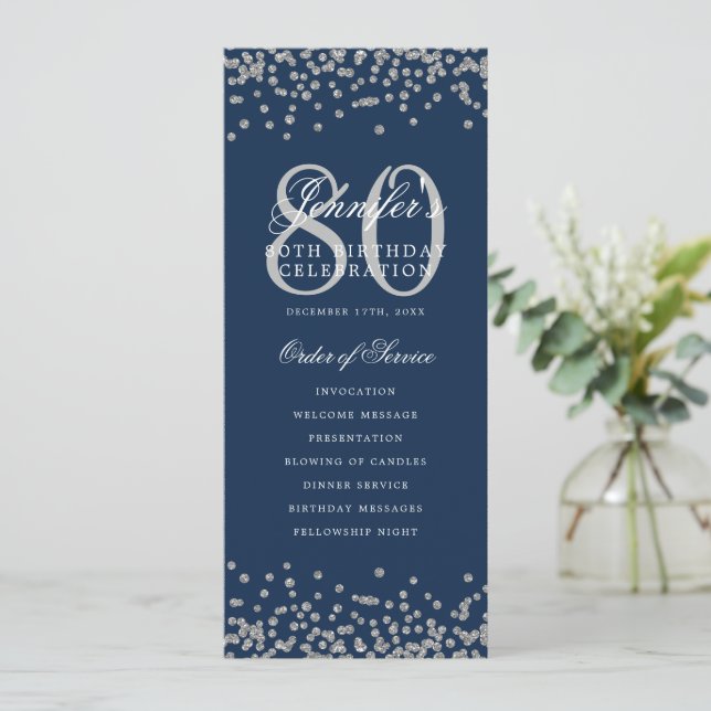 Programa de cumpleaños 80 Menú de Confetti Plata M (Anverso de pie)