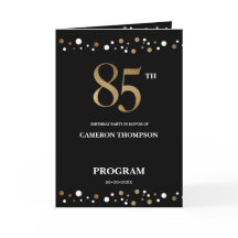 Programa de cumpleaños 85º de confetti dorado y ne