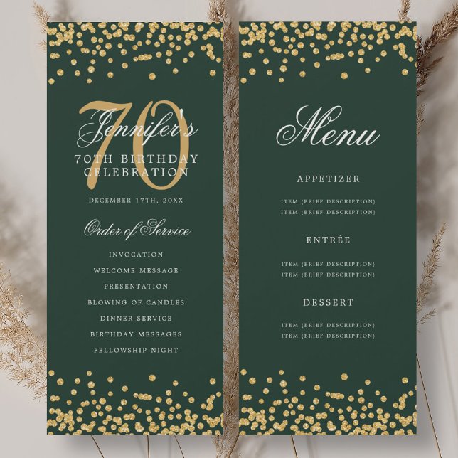 Programa de cumpleaños número 70 confeti verde dor (70th Birthday Program Gold Green Confetti Menu)