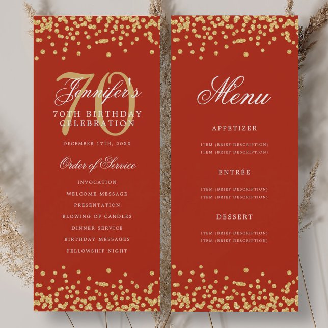 Programa de cumpleaños número 70 dorado y rojo con (70th Birthday Program Gold Red Confetti Menu)