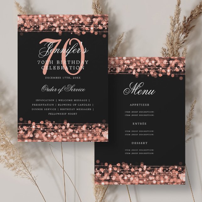 Programa de cumpleaños número 70 elegante en oro r (Elegant 70th Birthday Program Rose Gold w/ Menu)