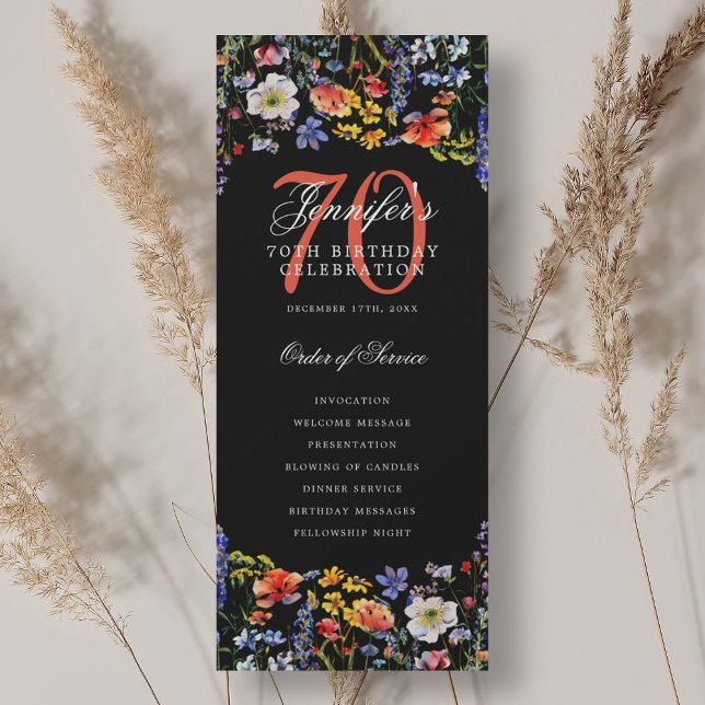 Programa de cumpleaños número 70 Elegante Floral N (Elegant Floral 70th Birthday Program Black)