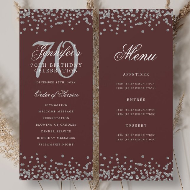 Programa de cumpleaños número 70 elegante Menú pla (Elegant 70th Birthday Program Silver Menu Burgundy)