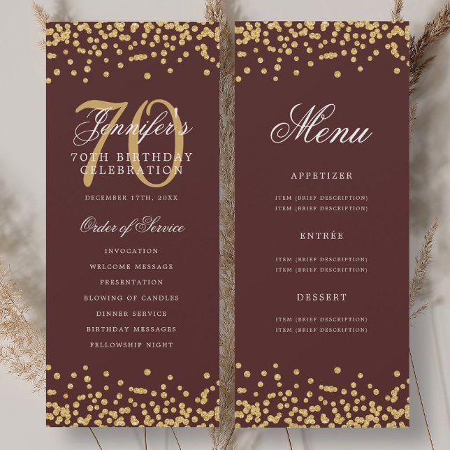 Programa de cumpleaños número 70 Menú de confeti d (70th Birthday Program Gold Burgundy Confetti Menu)