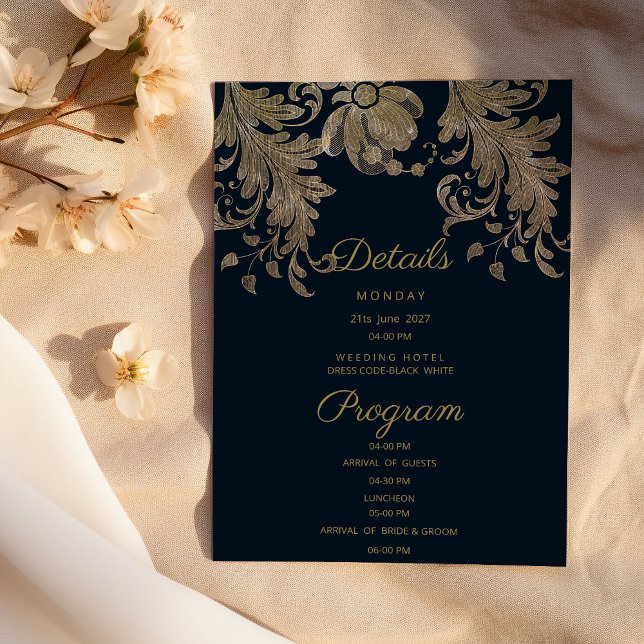Programa de detalles de lujo florales en encaje do (Navy blue gold lace floral luxury Details Program)