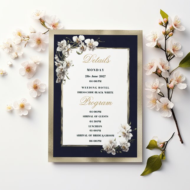 Programa de detalles de orquídeas blancas azules y (Luxury gold navy blue white orchid Details Program )