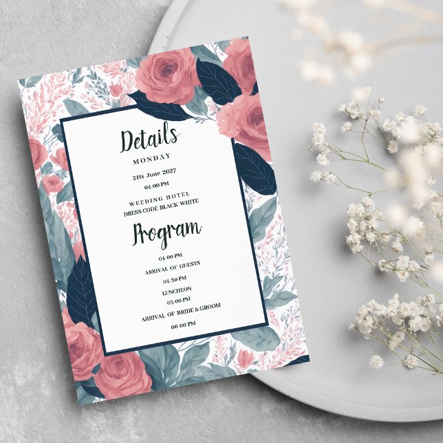 Programa de detalles florales de acuarela azul mar (Watercolor navy blue pink floral Details Program)