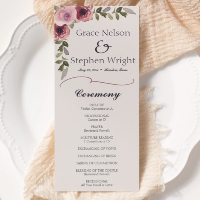 Programa de eventos de Boda de flores rosadas de c (watercolor floral botanical pink rose flower wedding program)