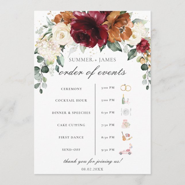 Programa de Eventos de Boda Floral Marfil Burgundy (Anverso)