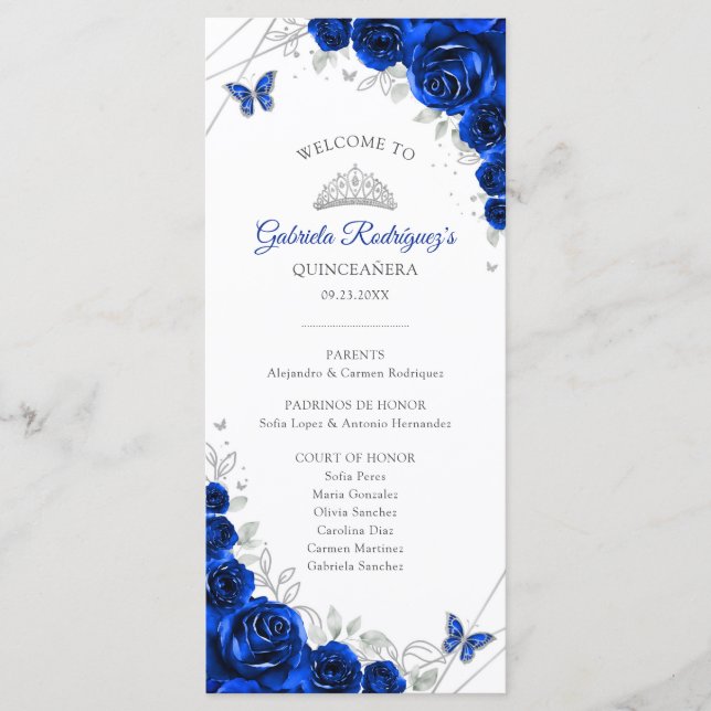 Programa de Eventos Quinceañera Azul Real Plateado (Anverso)