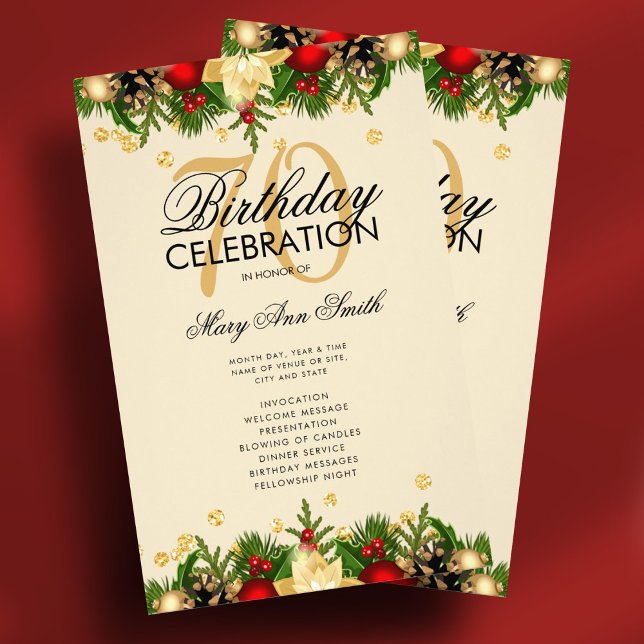 Programa de Fiesta de Cumpleaños de la Fiesta de O (Holiday 70th Birthday Party Program Gold w/ Menu Flyer)