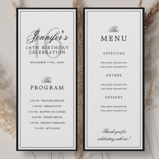 Programa de fiesta de cumpleaños número 16 elegant (Elegant 16th Birthday Party Program + Menu )