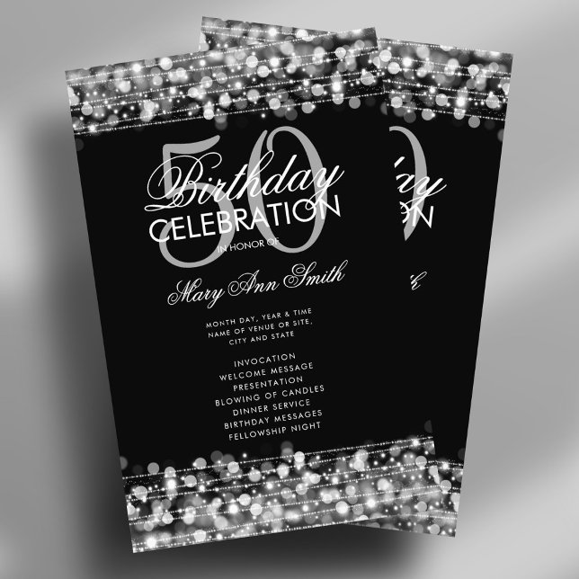 Programa de fiesta de cumpleaños número 50 elegant (Elegant 50th Birthday Party Program Silver w/ Menu Flyer)