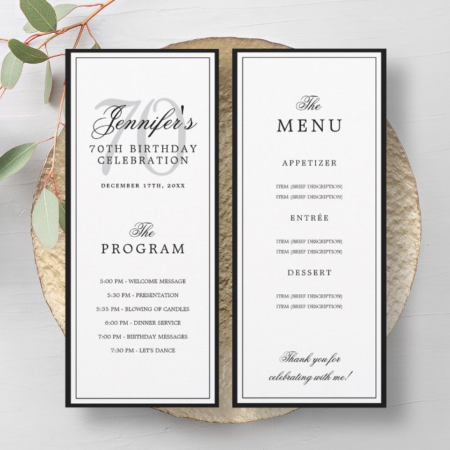 Programa de fiesta de cumpleaños número 70 elegant (Elegant 70th Birthday Party Program + Menu )
