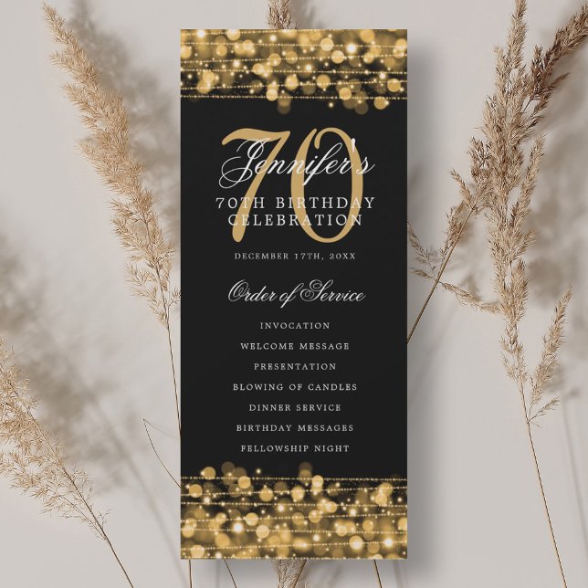 Programa de fiesta de cumpleaños número 70 elegant (Elegant 70th Birthday Party Program Gold w/ Menu)