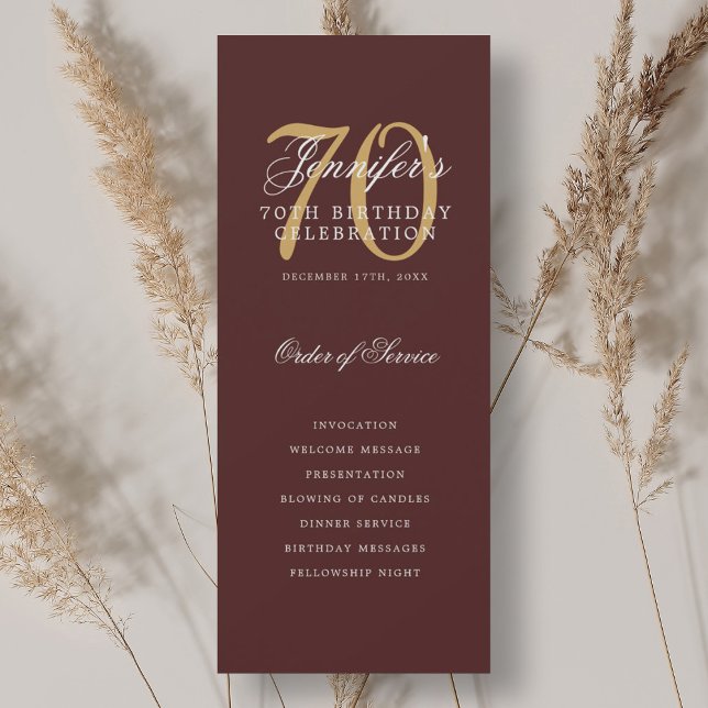 Programa de fiesta de cumpleaños número 70 elegant (Elegant 70th Birthday Party Program Burgundy Gold )