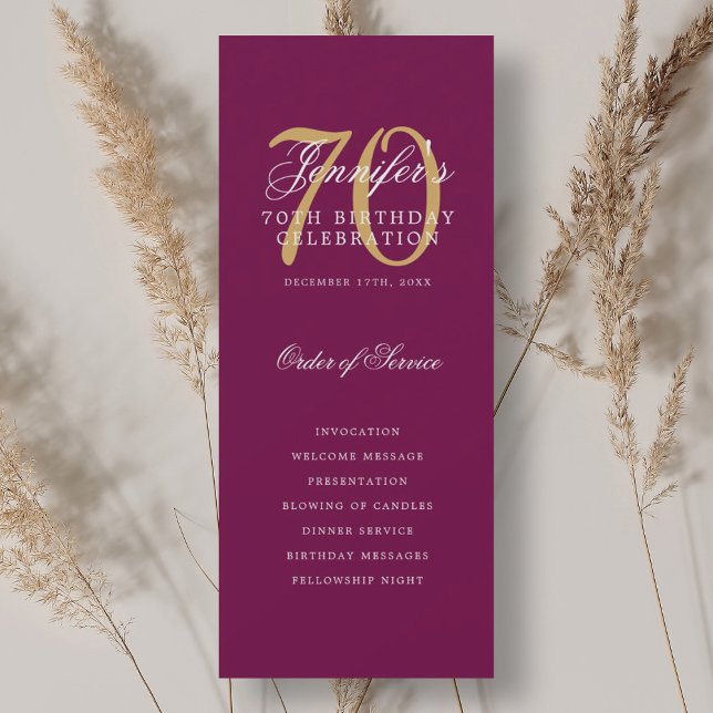 Programa de fiesta de cumpleaños número 70 elegant (Elegant 70th Birthday Party Program Magenta Gold )