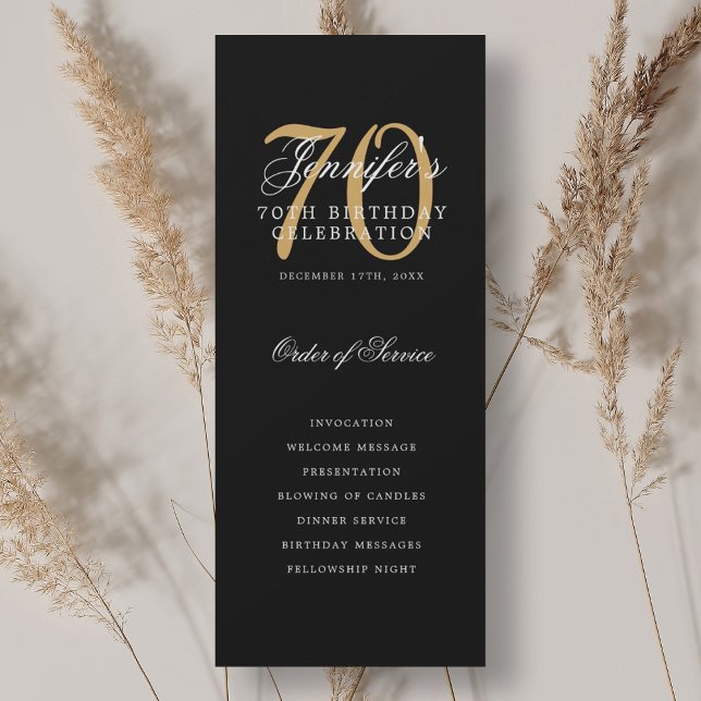 Programa de fiesta de cumpleaños número 70 elegant (Elegant 70th Birthday Party Program Black Gold )