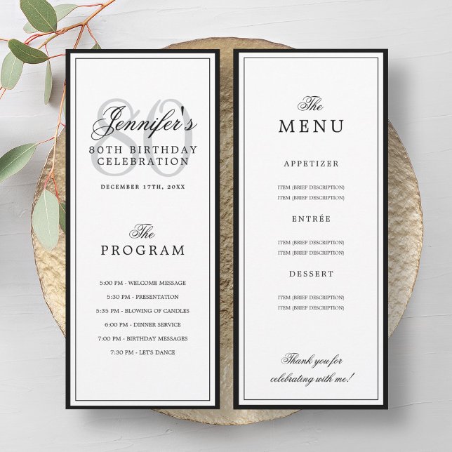 Programa de fiesta de cumpleaños número 80 elegant (Elegant 80th Birthday Party Program + Menu )