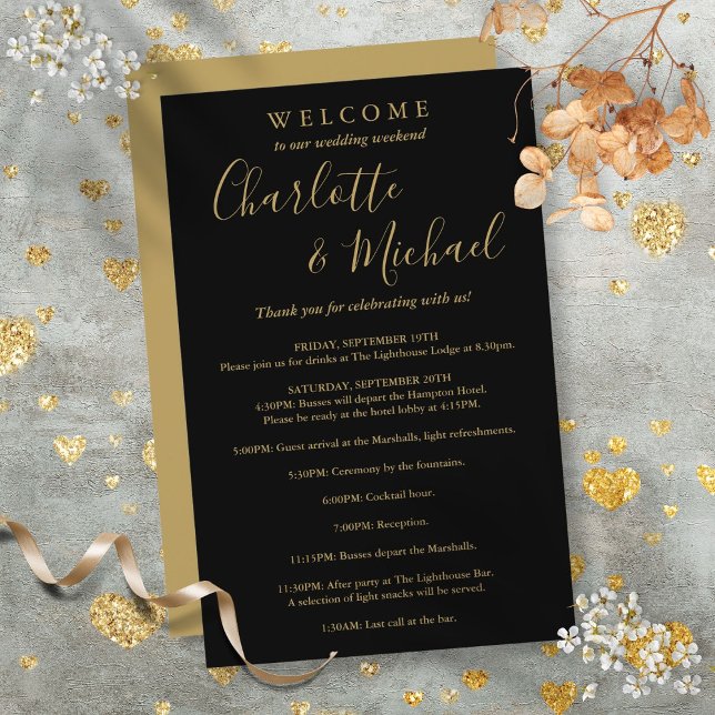 Programa De Fin De Semana Del Boda Invitado De Neg (Black And Gold Guest Wedding Weekend Program)