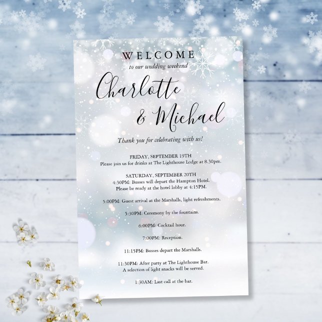 Programa de fin de semana para Bodas invitados de  (Winter Snowflakes Guest Wedding Weekend Program)