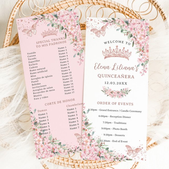Programa de Flores de Cerezo Rosa de Mariposas de  (quinceanera-slim-events-program-cards-blush-pink-cherry-blossoms-flowers-sakura-floral-butterflies)