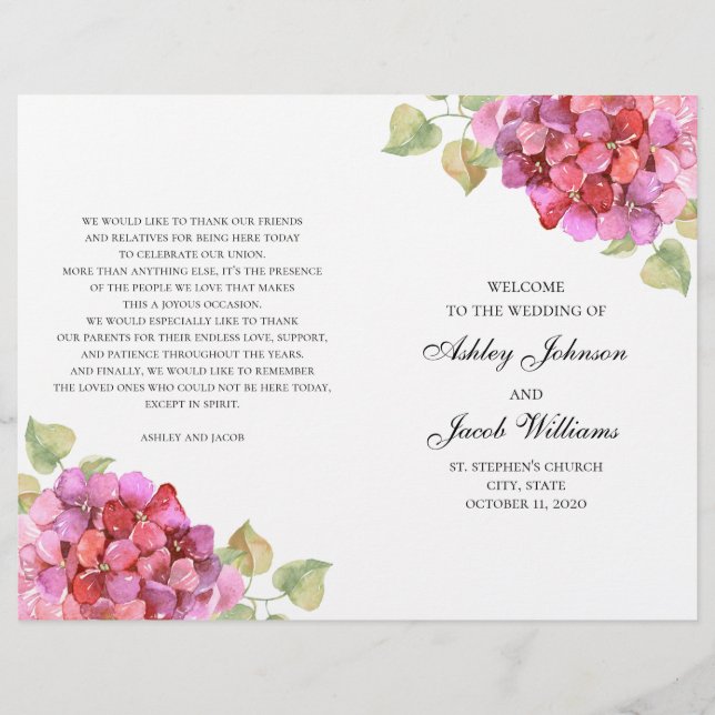 Programa de flores rosadas acuarela. Boda floral (Anverso)