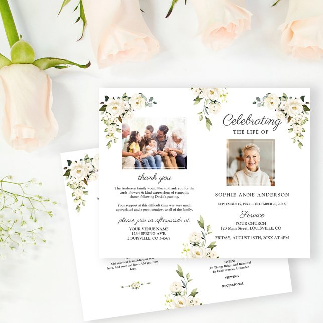 Programa de fotografía del Flowers Memorial Funera (white flowers celebration the life, photos celebrating the life, trendy floral celebrating the life)