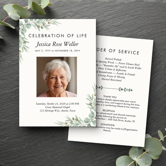 Programa de Fotos de Celebración de la Vida con Eu (Order of Service card from the Eucalyptus Celebration of Life collection by Darling & May)