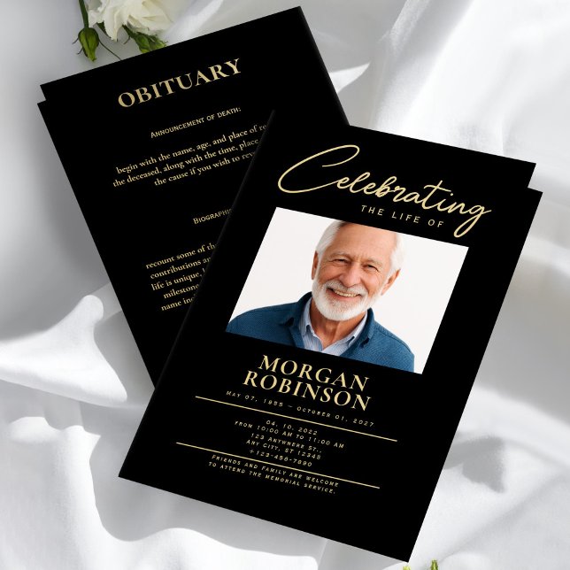 Programa de Funeral, Celebración de la Vida, Negro (Funeral Program, Celebration of Life, Black & Gold Flyer)