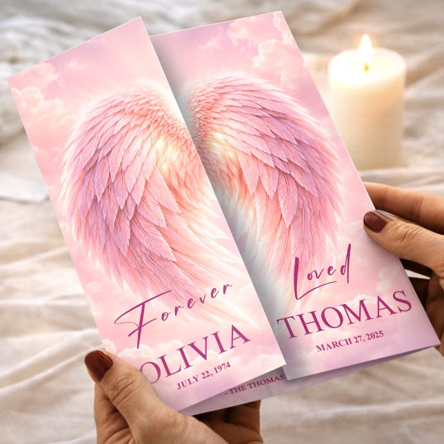 Programa de Funeral de Celebración de la Vida con  (Funeral Program Pink Angel Wings Obituary Template Flyer, Funeral Memorial, Loss of Mother)