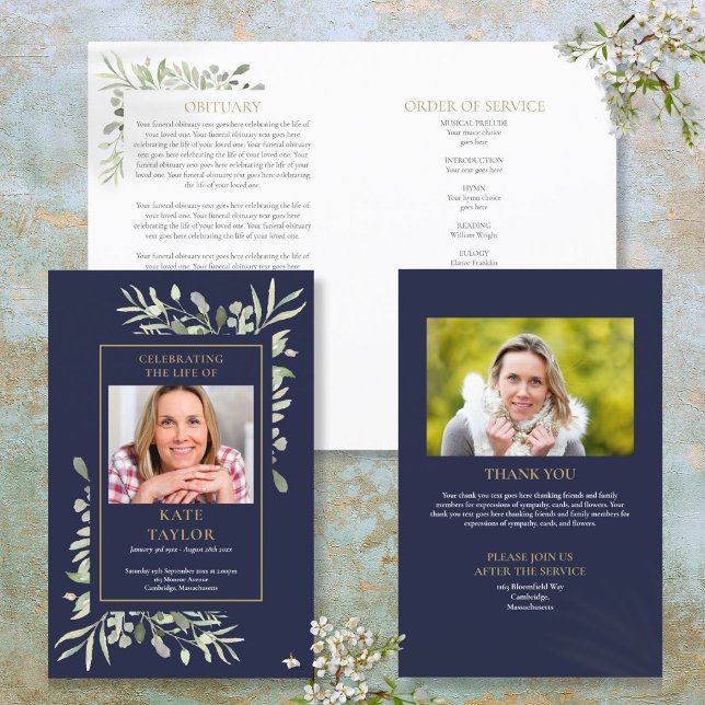 Programa de funeral de follaje de servicio de orde (Blue Order Of Service Foliage Funeral Program)