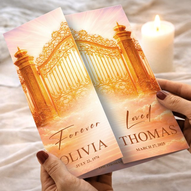 Programa de Funeral Puertas del Cielo Memorial Oro (Funeral Program Gold Heaven’s Gates Memorial Flyer, Funeral for Women, Loss of Mother)