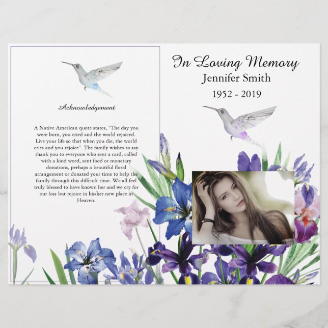 Programa de funerales Bi-Fold Purple Irises Hummin (Frente)