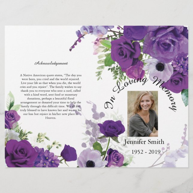 Programa de funerales Bi-Fold Purple Rosas (Frente)