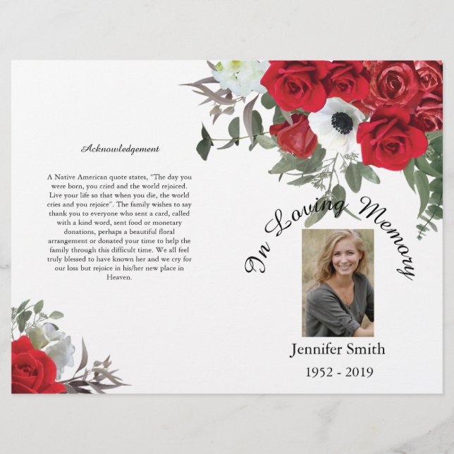 Programa de funerales Bi-Fold Red Roses (Frente)