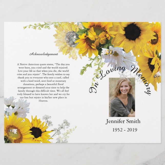 Programa de funerales Bi-Fold Sunflowers Bees (Frente)