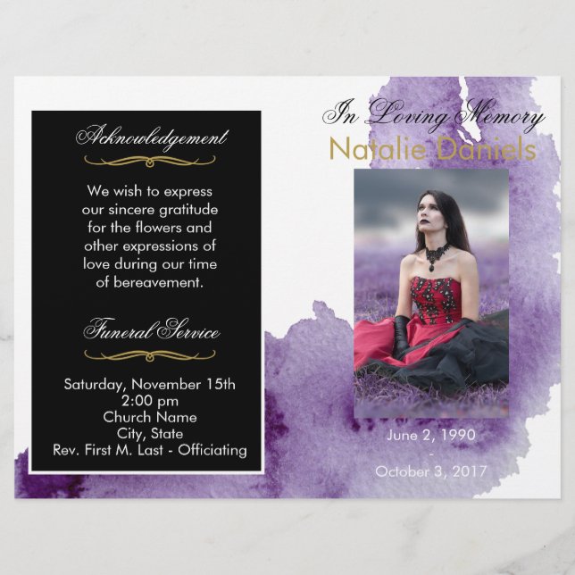 Programa de funerales de acuarela ultravioleta (Anverso)