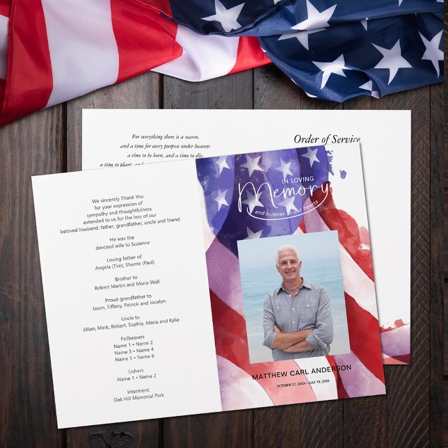 Programa de funerales de bandera estadounidense pa (In Loving Memory Photo United States flag funeral memorial program flyer)