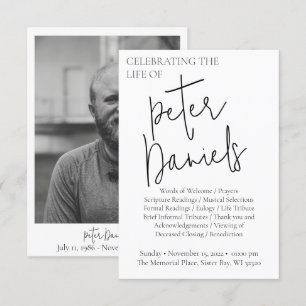 Programa de funerales de escritura blanca y negra