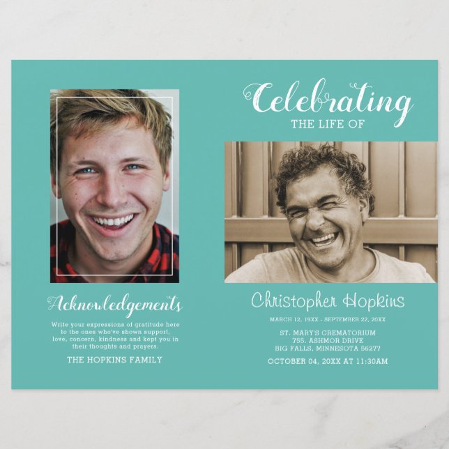 Programa de funerales de fotografía Verde azulada  (Anverso)