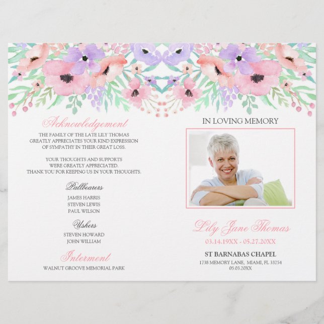 Programa de funerales de las flores rosadas de col (Frente)