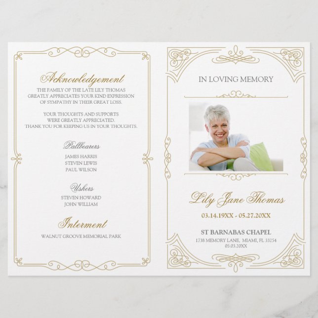 Programa de funerales Elegante Gold Swirl | Editar (Frente)