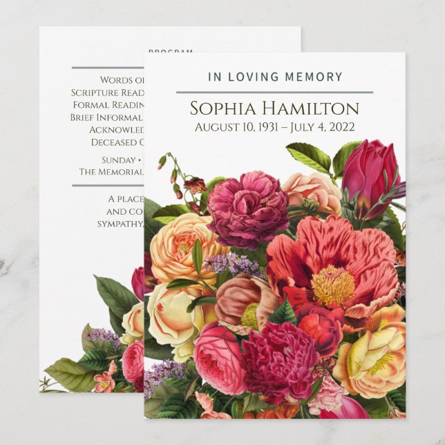 Programa de funerales florales en acuarela brillan (Anverso / Reverso)