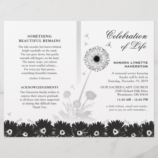 Programa de funerales florales en blanco y negro c (Anverso)