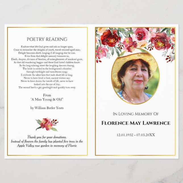 Programa de funerales fotográficos, guirnaldas roj (Frente)