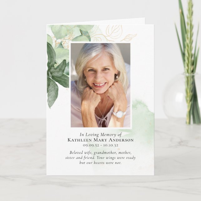 Programa de funerales plegados de fotos verdes (Anverso)