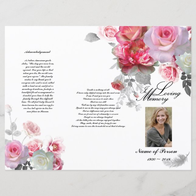 Programa de funerales Tri-Fold - Rosas Gris Rosa (Anverso)